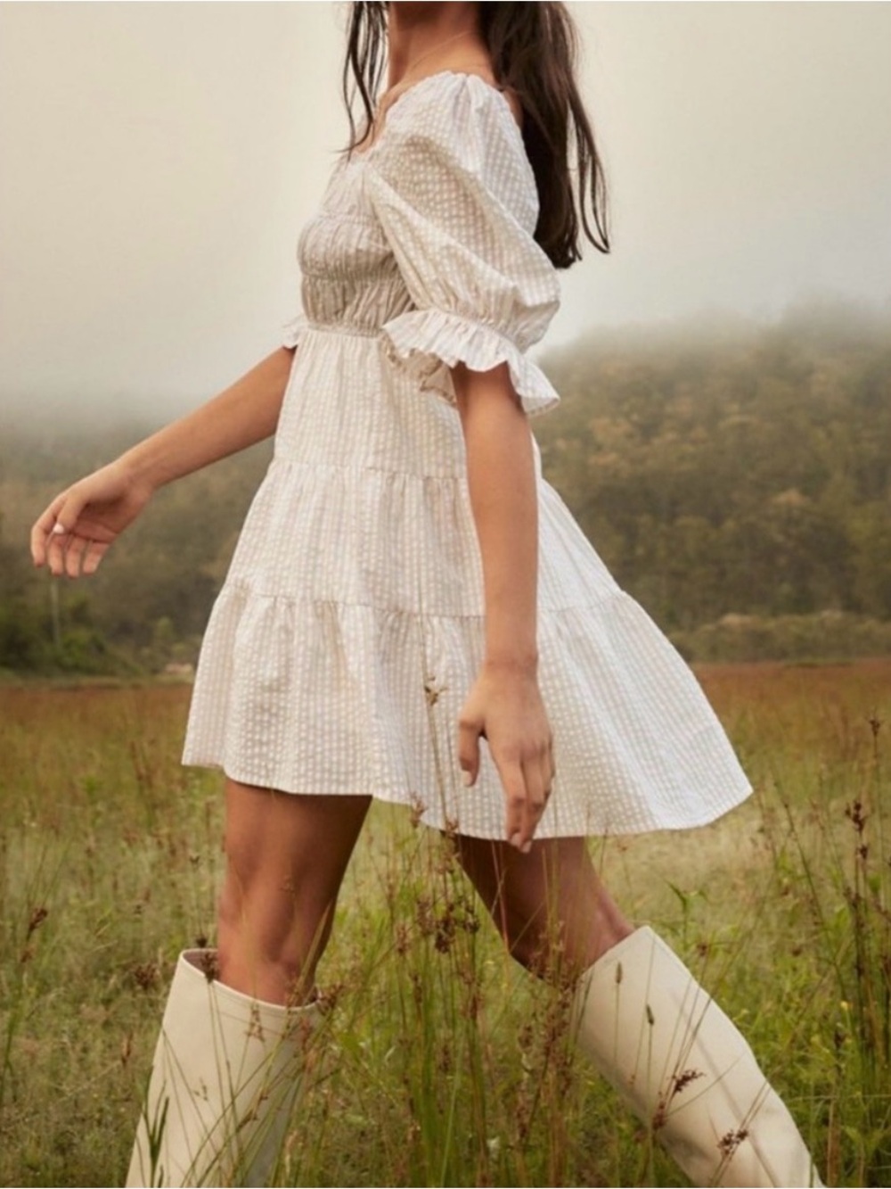 MINKPINK Cotton Pinstripe Babydoll Puff Sleeve Dress / Size Medium